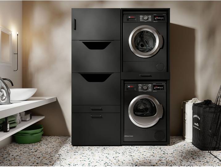 Meuble WASHING 2 machines superposé avec 1 armoire linge noir avec 1 surmeuble