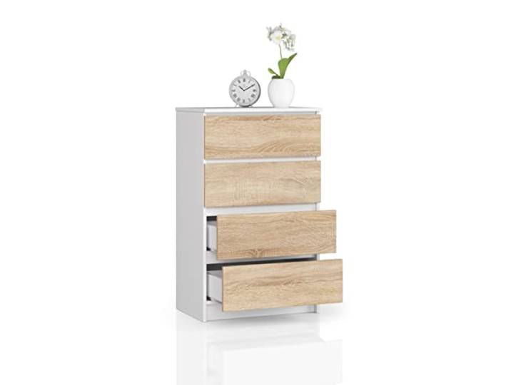 BDW Kommode mit 4 Schubladen, Sideboard, Multifunktionsschrank, Wohnzimmer, Esszimmer 60x99x40cm (Weiß - Sonoma Eiche)