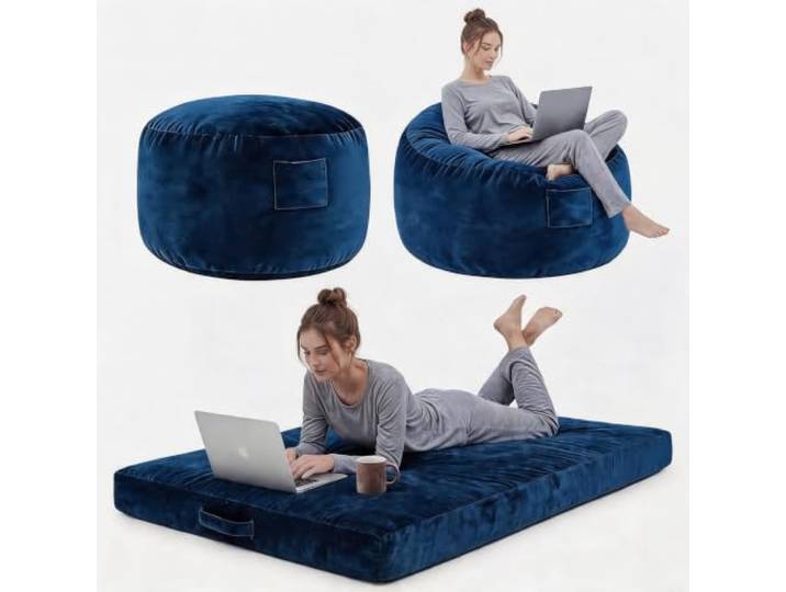 FairyLee Riesensitzsack, umklappbar, Blau, Memory-Schaum, Samt 4 Komfortpositionen, Sitzen, Liegen und Zurücklehnen, rutschfeste Silikonunterseite, waschbarer Bezug