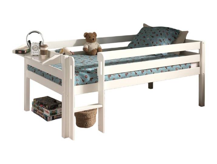 58 aufm Kessel Kinderbett Kojenbett Karolina 208x105x83 Kinderbett Einzelbett Massivholz Weiß (inkl. Versand, Lieferung bis Verwendungsstelle), Liegefläche 90 x 200, halbhoch, mit Regal und Leiter, platzsparend