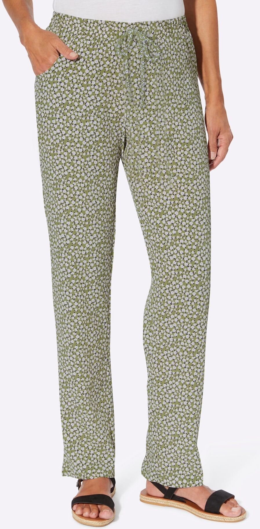 Schlupfhose CLASSIC BASICS, Damen, Gr. 48, Normalgrössen, grün (schilf, schilf, weiß, bedruckt), 100% Polyester, geblümt, gemustert, unifarben, lang, Hosen Schlupfhose schilf, schilf, weiß, bedruckt 48, Normalgrössen
