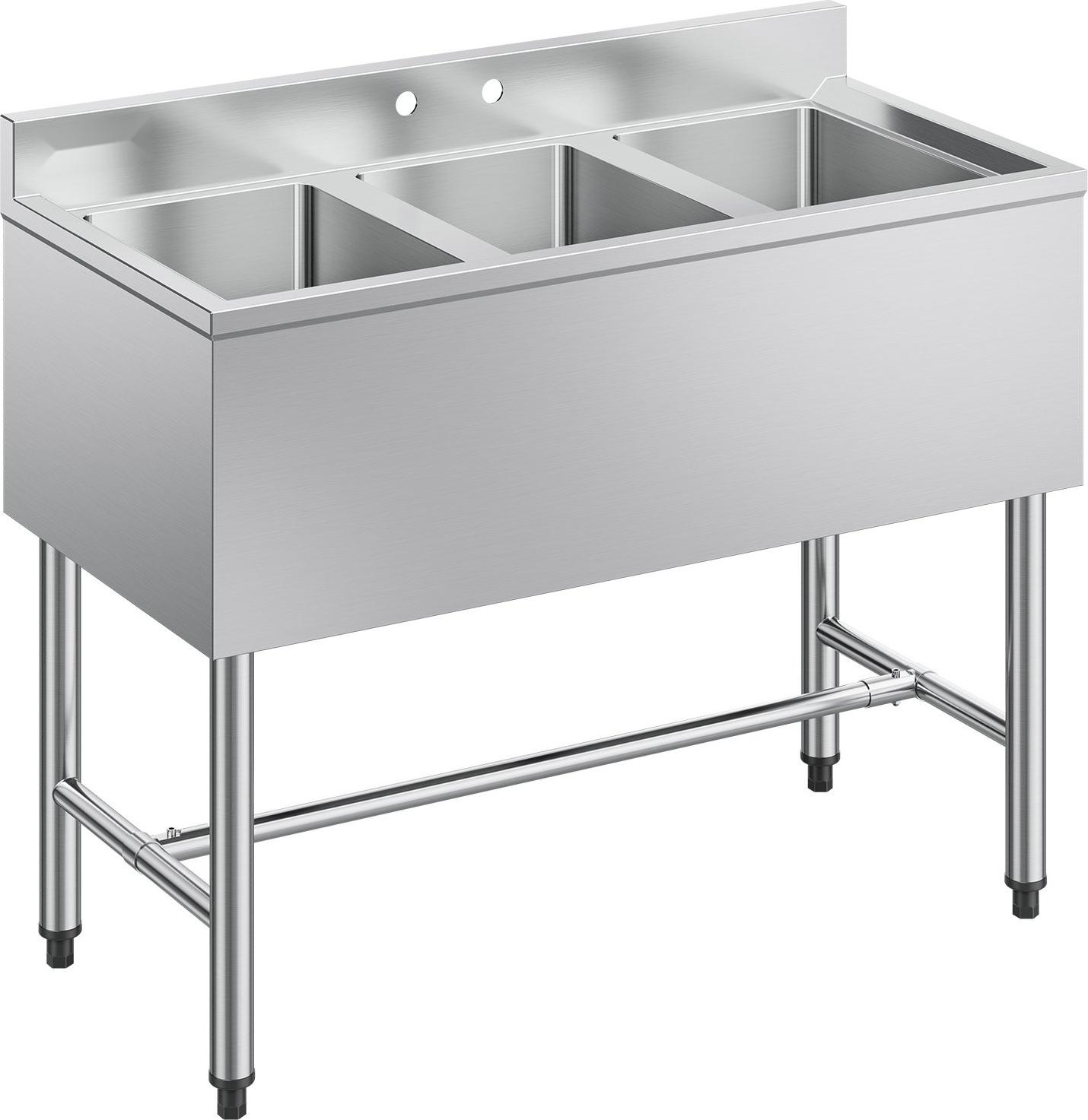 Edelstahl-Spülbecken - Küchenspüle mit 3 Becken - Mit Spritzschutz - Schneller Abfluss - Maße 97,8 x 47 x 83,8 cm - Für Gastronomie, Imbisswagen & Haushalt - Silber