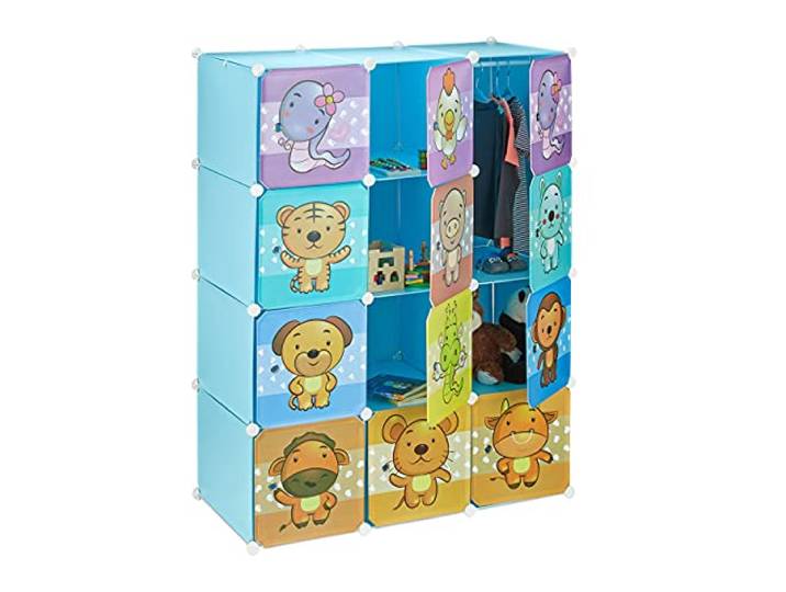 Étagère Rangement Enfants casier modulable Plastique Animaux penderie Armoire Portes Tringle\, Bleu