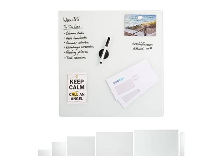 Relaxdays Tableau mémo magnétique\, Verre Protecteur\, Panneau Pense-bête\, 3 aimants\, 50x50 cm\, Blanc