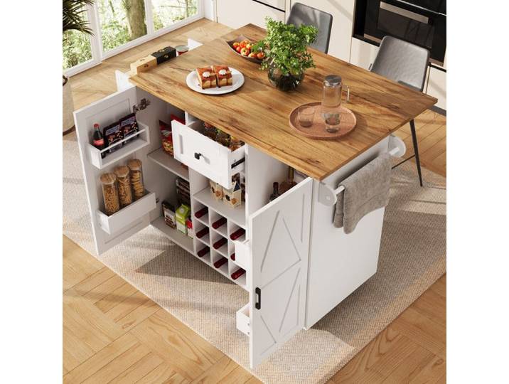 Îlot de Cuisine Moderne Extensible avec Rangement Chariot de Cuisine sur Roulettes Desserte Pliante en Bois MDF 137.5cm