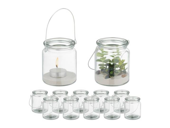 Relaxdays Photophore verre anse argentée lot de 12