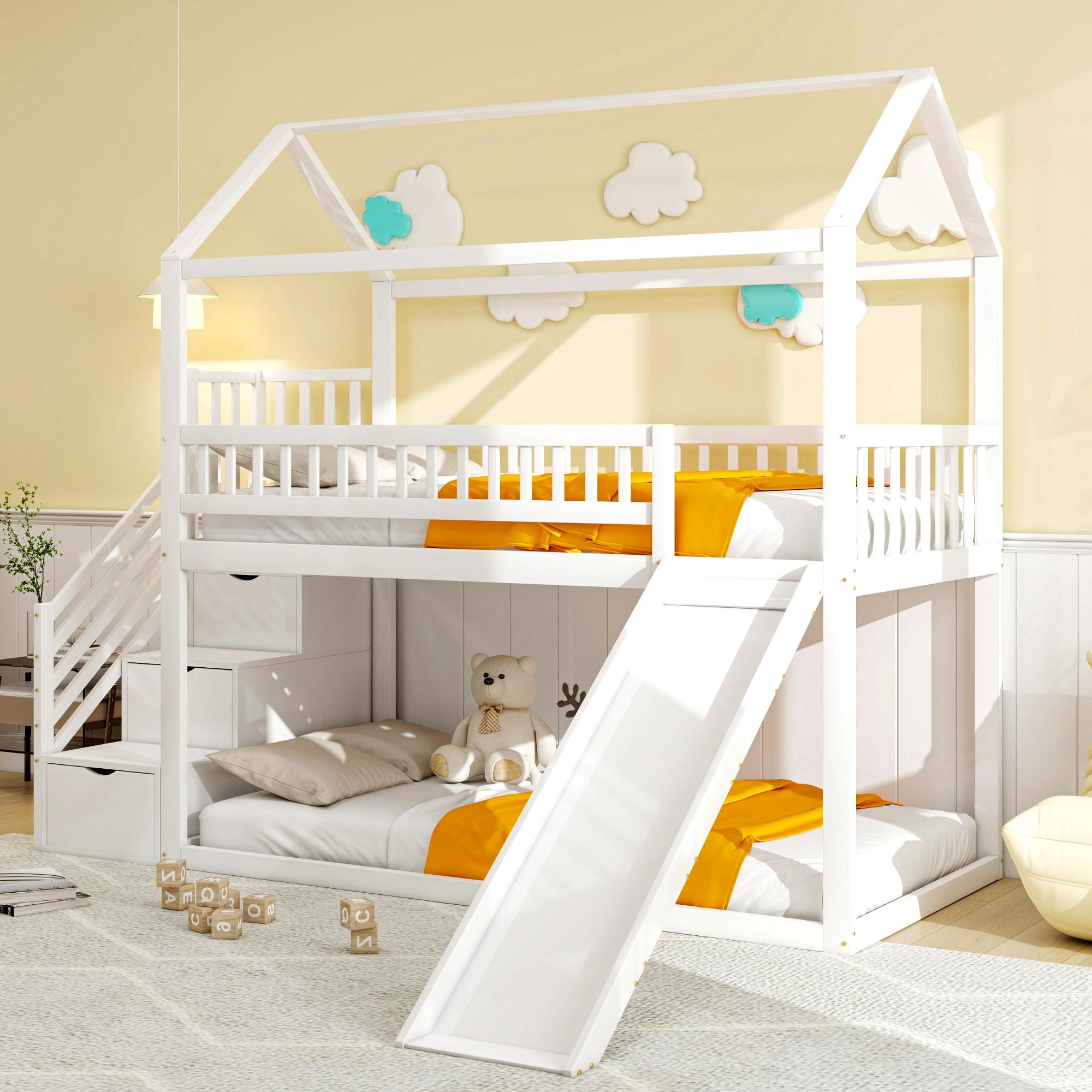 okwish Etagenbett Stockbett 90x200cm mit Stauraumleiter, Hochbett mit Rausfallschutz, Massivholzbett Kinderbett Bettgestell mit Lattenrost und Rutsche, Weiß