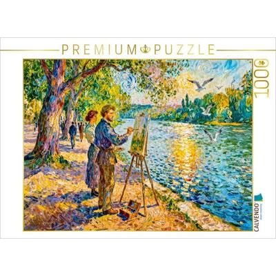 CALVENDO Puzzle Maler am Flussufer im sommerlichen Park Impressionismus Puzzle | 1000 Teile Lege-Größe 64x48cm Foto-Puzzle für glückliche Stunden