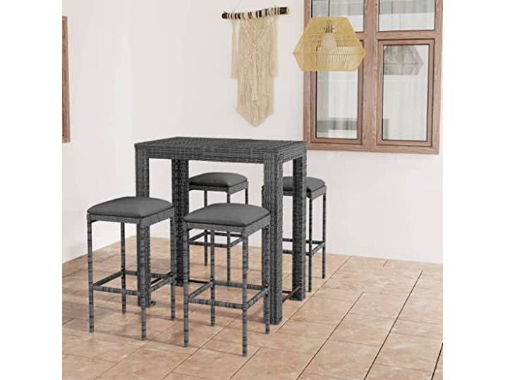 RJPLMFV Garten-Bar-Set, 5-teilig, Kunstharz, geflochten, Grau Pulverbeschichteter Stahlrahmen, Polyesterkissen, Fußstütze, 110 kg pro Sitz
