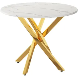 OKWISH Runder Esstisch aus MDF in Gold/Weiß, 80 cm, Marmoroptik, Kreuzgestell