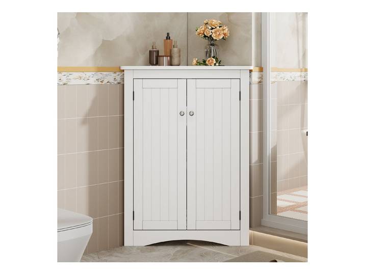 MODFU Vitrine Praktischer Eckschrank für ungenutzte Winkel (Eck-Schrank, 1-St., Ideal zur Platzoptimierung in verschiedenen Räumen) 2 Türen, 3 Ebenen, in Weiß, Maße: 61,5x90 cm