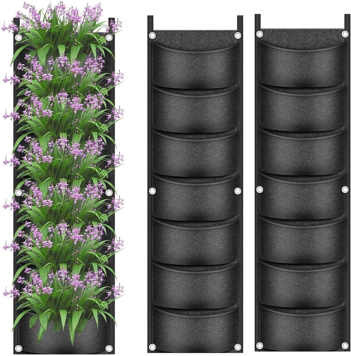 Zwarte hangende plantenzakken met 7 vakken voor een verticale tuin, 30 x 115 cm