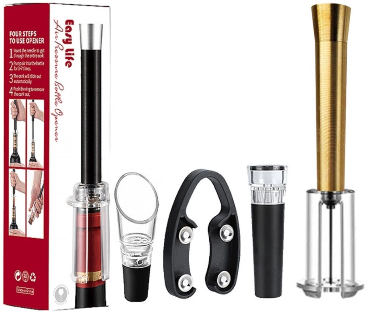 INF Luftdruck-Korkenzieher 4-teilig – Nadel-Korkenzieher mit Luftpumpe, Folienabschneider und Filtern, ABS/Edelstahl/Aluminium Gold