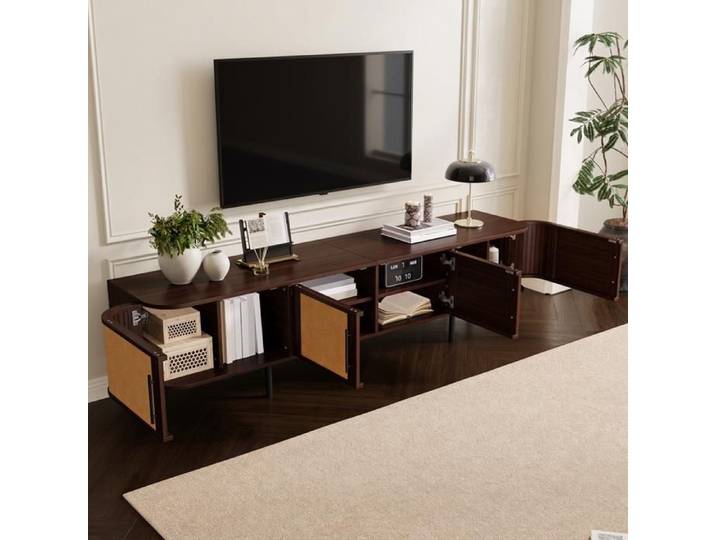 Norevia Meuble TV Noyer 180 cm Banc TV avec Façade Tressée 4 Portes et Pieds en Métal