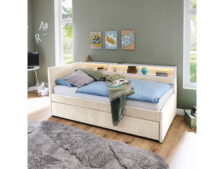 Beleuchtetes Polsterbett Uno - Schublade 90 x 200cm Beige/Weiß