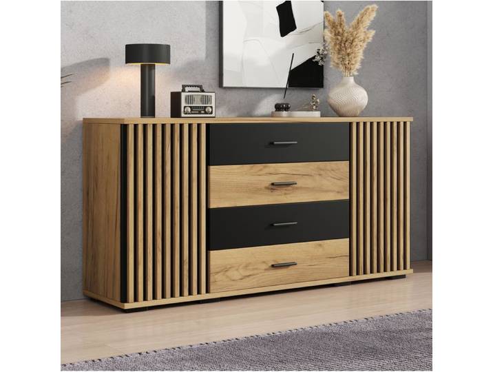 ELVORIN Buffet bas 140 x 35 x 70 cm MDF 4 tiroirs 2 portes noir et bois