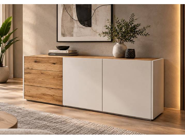 Sideboard 170x85cm 'Novera' Wildeiche massiv & MDF creme