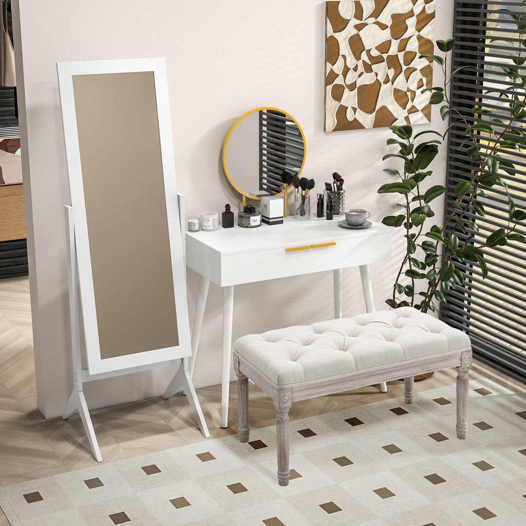 Norden Home HOMCOM Modern Dressing Table w/ 2 Drawers Round Mirror for Bedroom White White 123cm H X 80cm W X 40cm D