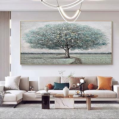Handgefertigtes, handgemaltes Ölgemälde, Wandkunst, riesiges grünes Ölgemälde eines glücklichen Baumes, der Lebendigkeit und Vitalität symbolisiert, Dekor auf gerollter Leinwand, ohne Rahmen,