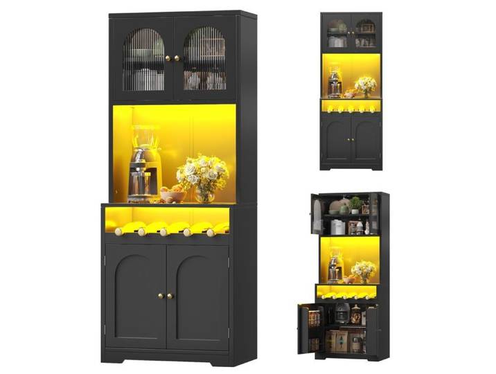 Buffet haut de cuisine Noir meuble moderne avec LED plan de travail 70x38.3x180cm cuisine salon