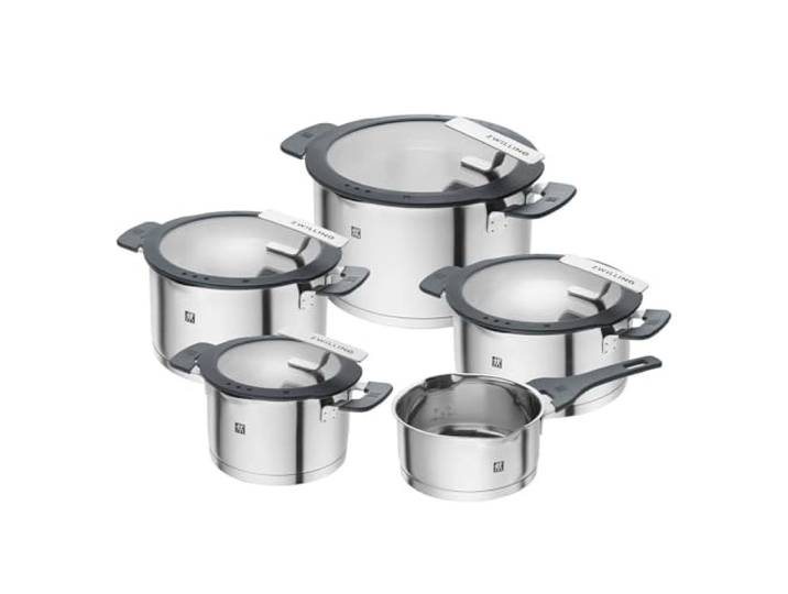 ZWILLING Simplify Edelstahl-Kochtopfset, 5-teilig, Mit integriertem Sieb im Deckel, Induktionsgeeignet, Silber-Schwarz