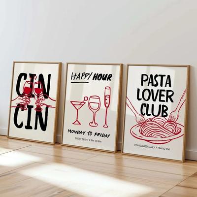 Uplift Essentials Retro Happy Hour Canvas Set 3pc Cin Cin Cheers Wall Art Italian Pasta & Cocktail Prints For Bar Cart & Kitchen Decor set 6 20x30 In