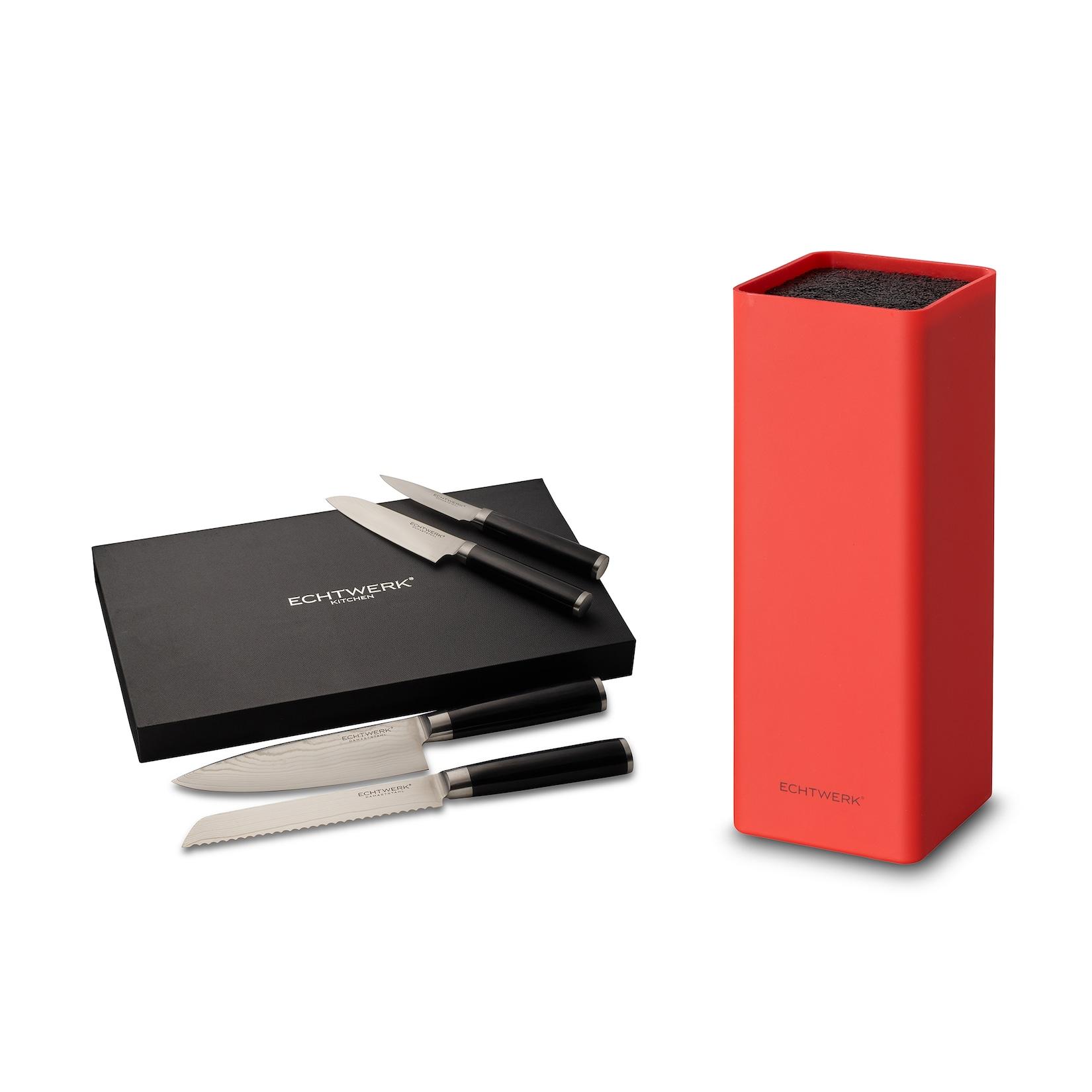 Damastmesser-Set 4tlg. inkl. Messerblock „Square“ – Rot