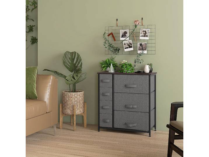 HOMCOM Commode 7 Tiroirs Tissu Gris Cadre Métal