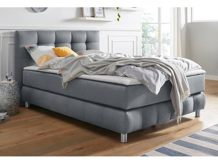 Boxspringbett, Strukturstoff, Grau, 154×211 cm, Inkl. Topper, Modern, andas