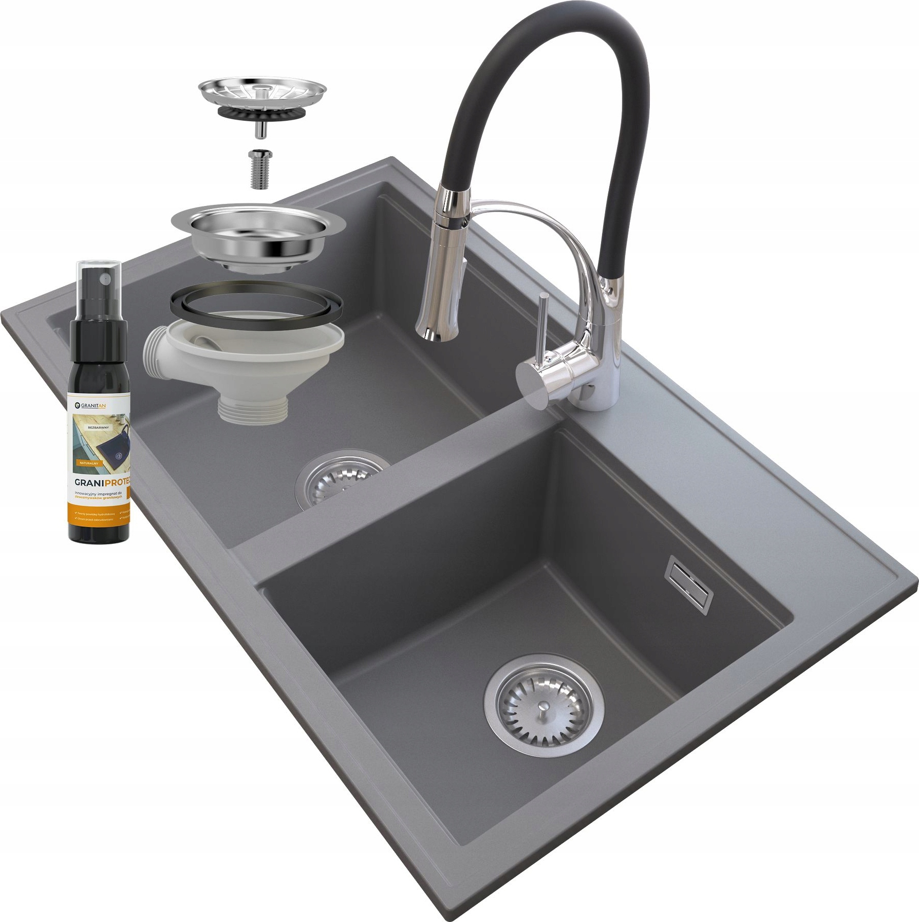 Granitan - Granitspüle - Küchenspüle - 2 Becken - 80x50 cm - Grau - mit Armatur NEXO und Siphon - HEKTOR