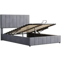 Polsterbett 140x200 mit hydraulisch anhebbarer Bettstauraum – Samtbezug, stabile Holzrahmenkonstruktion, modernes Design in Grau