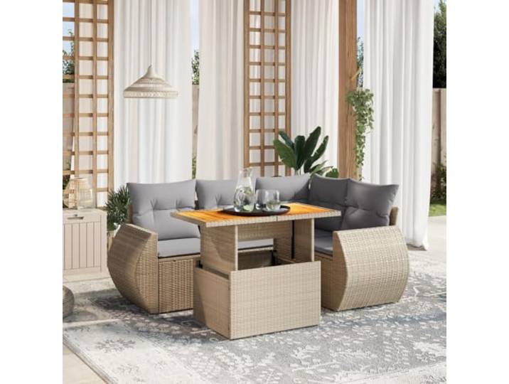 KTHLBRH Gartenmöbel-Set, 5-teilig, Polyrattan, Beige Eckbank mit Tisch, waschbare Kissen, lackierter Stahl, für Terrasse