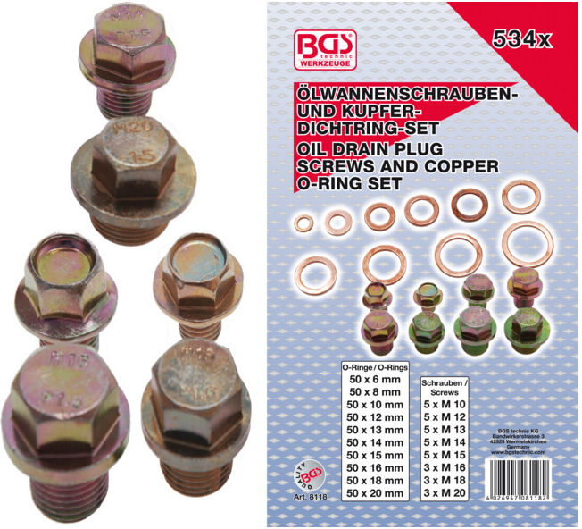 BGS Assortiment de bouchons de vidange avec joints cuivre 534 pièces ; BGS technic (8118)