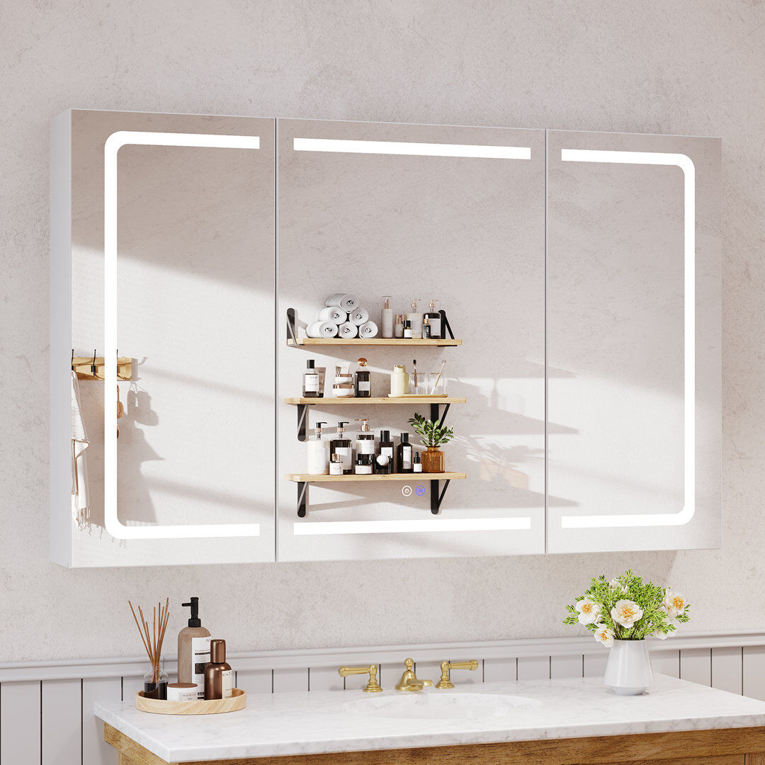 Brayden Studio LED Bathroom Mirror Cabinet with Charging, Defogging, Storage Cupboard, Adjustable Shelves frosted 75mm H