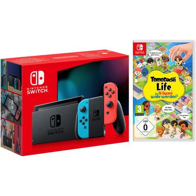 NINTENDO SWITCH Spielekonsole "Switch Neon-Rot/Neon-Blau inkl. Tomodachi Life", schwarz (neonrot, neonblau), B:23,9cm H:10,2cm T:1,39cm, Spielekonsolen, Switch Neon-Rot/Neon-Blau inkl.Tomodachi Life: Wo Träume wahr werden