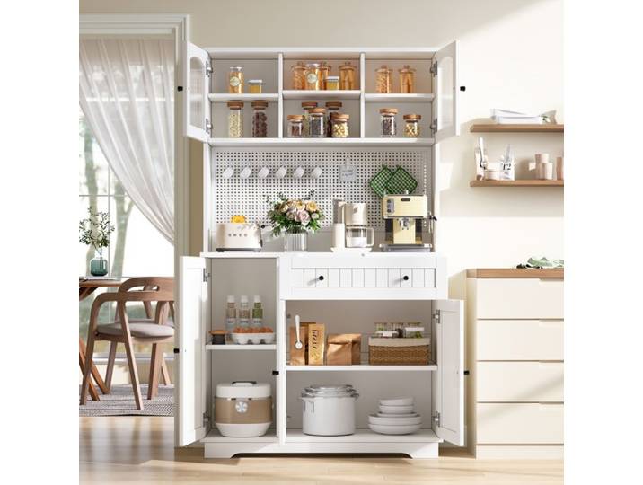Armoire vitrine avec porte armoire de cuisine armoire haute étagères réglables tôle perforée blanc 103.5× 40 × 180 cm