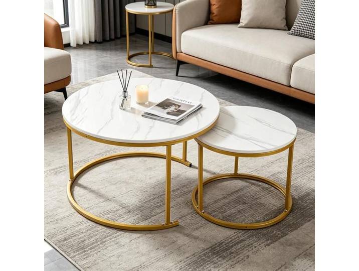 LVHCMFOHM Table Basse Gigogne Ronde Lot de 2 Pieds Métal Or Table de Salon Style Moderne Empilable Ø 50/70 cm Blanc