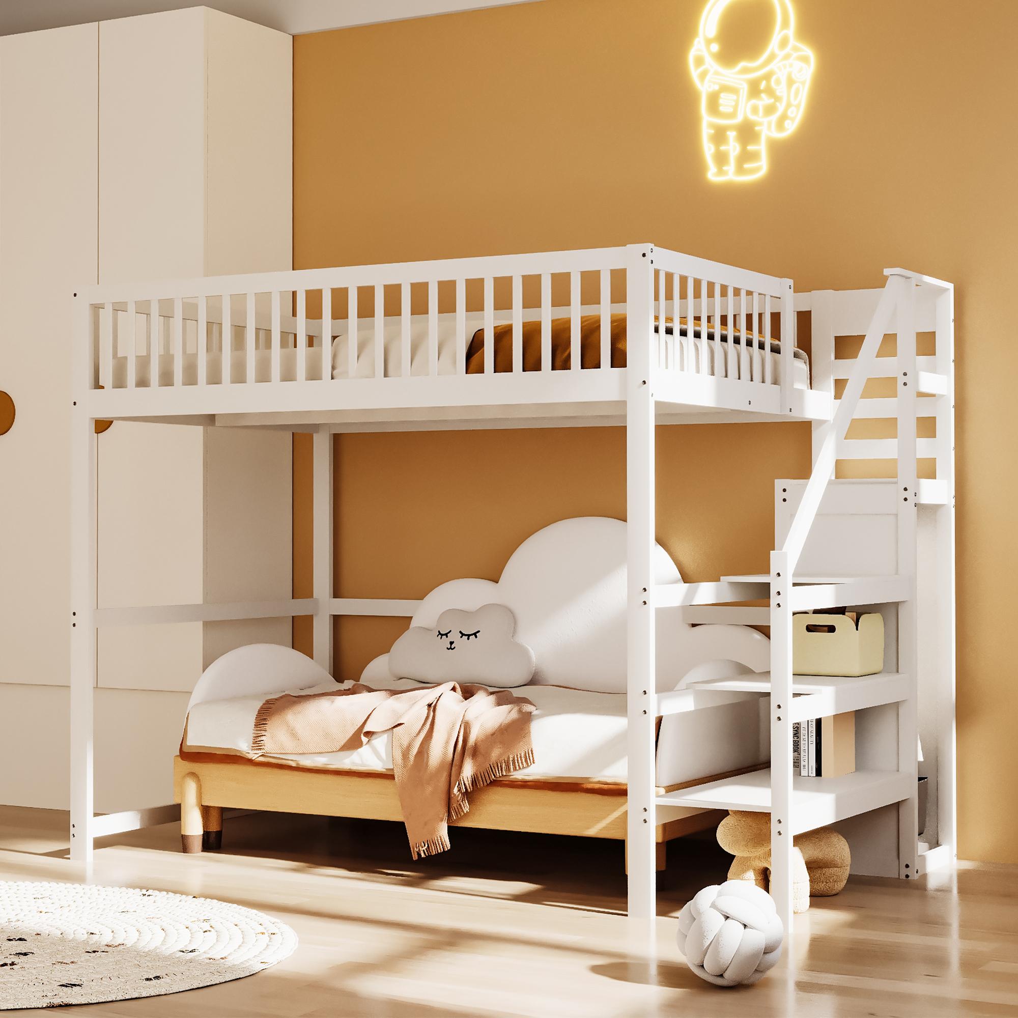 Sweiko Hochbett 140x200 mit Treppe, weißes Kinderbett aus Holz mit Aufbewahrungsregal, einfacher Kleiderschrank