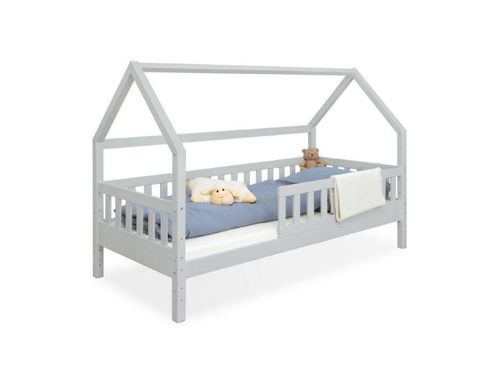Ehrenkind Hausbett Lille aus massivem Kiefernholz inkl. Rausfallschutz und Rollrost (90x200 cm Hellgrau, Hausbett mit optionalem Stauraum), 2 in 1 Aufbau bodentief oder Standardhöhe