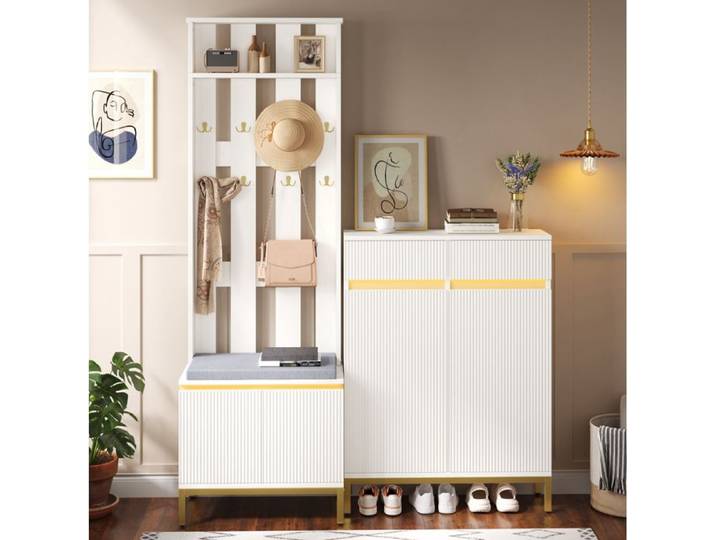 Vestiaire d'entrée avec meuble à chaussures banc et rangements LED Bluetooth - BEAUNIV - Blanc