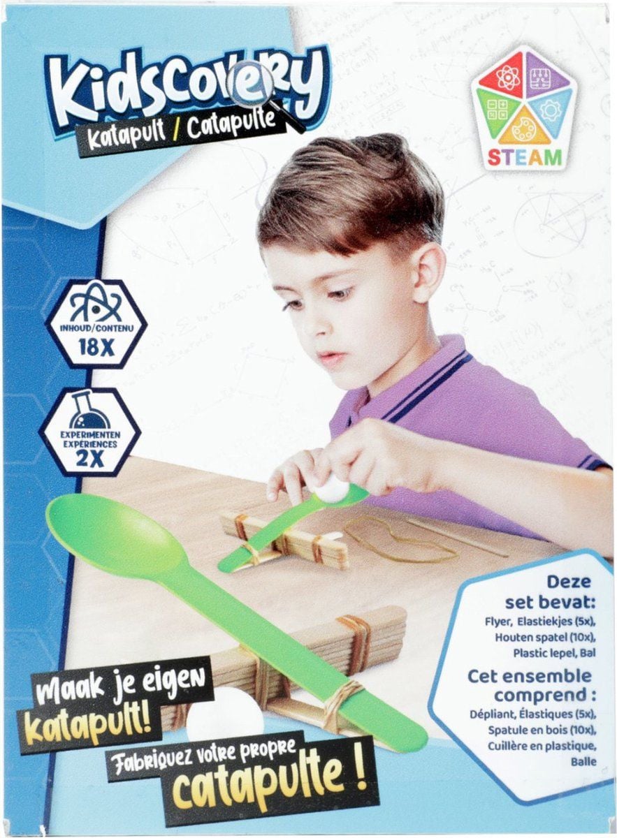 Kidscovery Experiment Katapult Set met 10 houten stokjes en 5 elastieken
