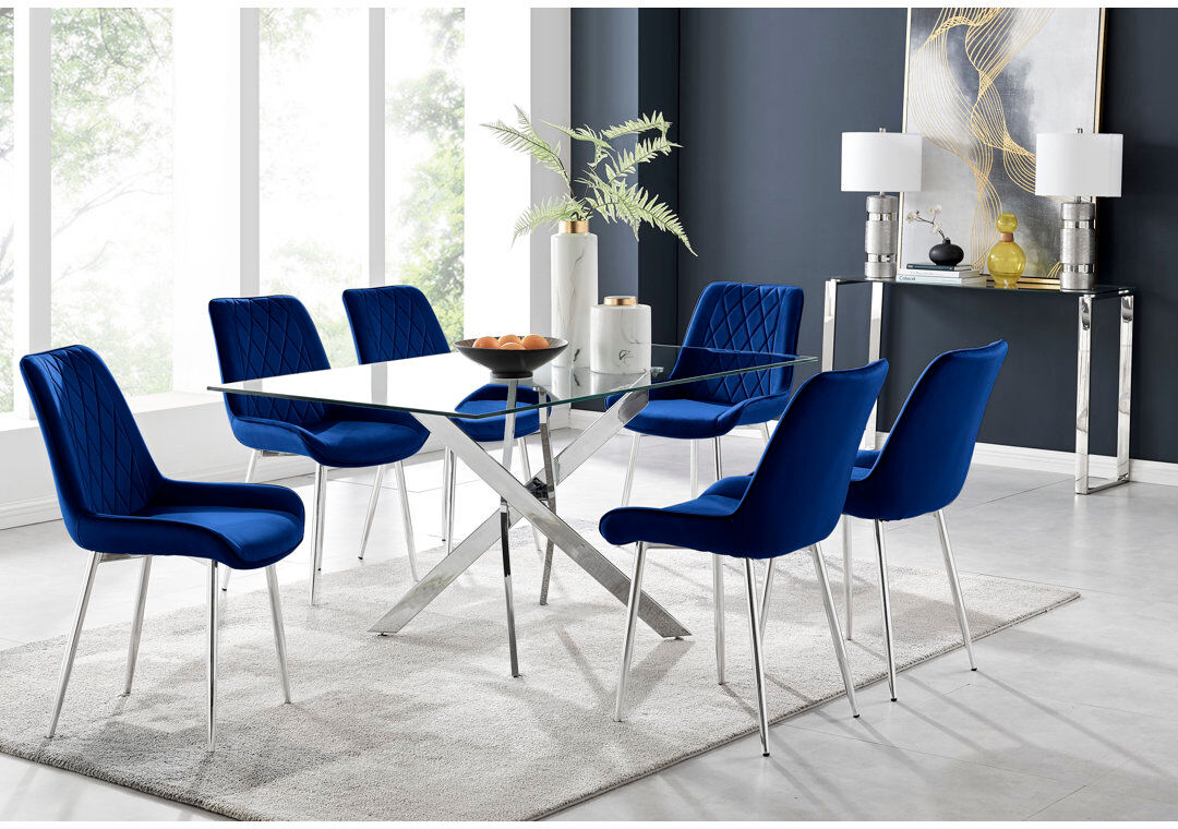 Canora Grey Lenworth Glass Rectangular Dining Table Set with 6 Luxury Velvet Chairs Silver/Navy/Silver 6
