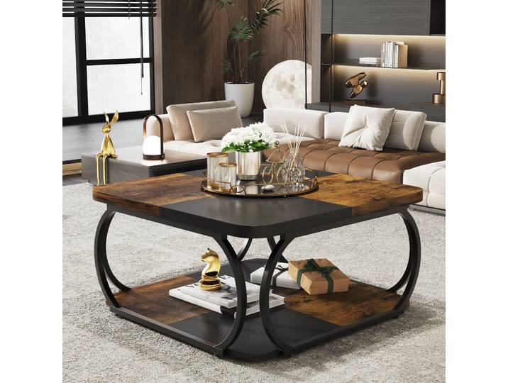 Tribesigns Table basse carrée à 2 niveaux, table basse de ferme basse de 100 cm avec étagère de rangement en bois courbe métallique robuste