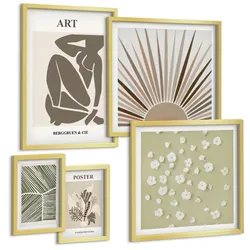 BILDER SET 5er Set - 50x50 cm & 20x30 cm & 40x60 cm Goldrahmen - Pflanzenmotive in gedeckten Farben