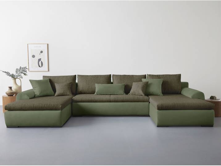 Wohnlandschaft HOME AFFAIRE Win U-Form, B: 366 cm - OTTO. Verlässliche Qualität. , grün (olive), B:366cm H:85cm T:176cm, 100% Polyester, Sofas, Wohnlandschaft, Schlaffunktion, Bettkasten & 5 Zierkissen