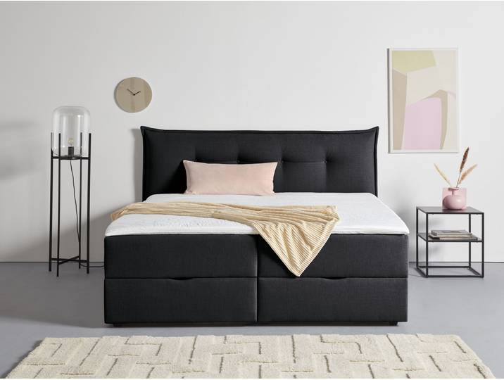 Boxbett, Grau, 205x213 cm, Konstruktion, Inklusive Bettkasten & Topper, Skandinavisch, andas