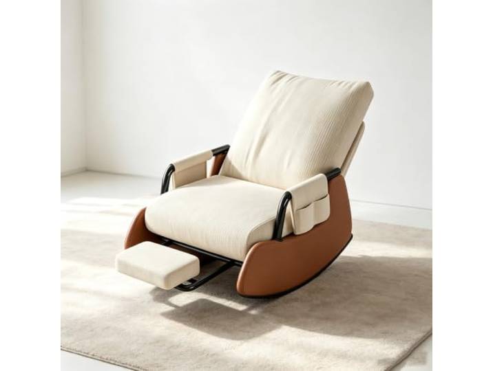Schaukelstuhl Wohnzimmer mit Ausziehbarer Fußstütze Ergonomischer Schaukelstuhl mit ausziehbarer Fußstütze und Seitentasche für tägliche Entspannung.