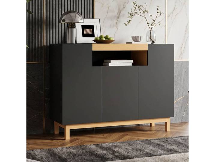 Buffet 120 5x42x96cm Noir et Bois 3 Portes et Espace Ouvert Bahut Minimaliste Moderne pour Salon et Salle à Manger en Bois PB