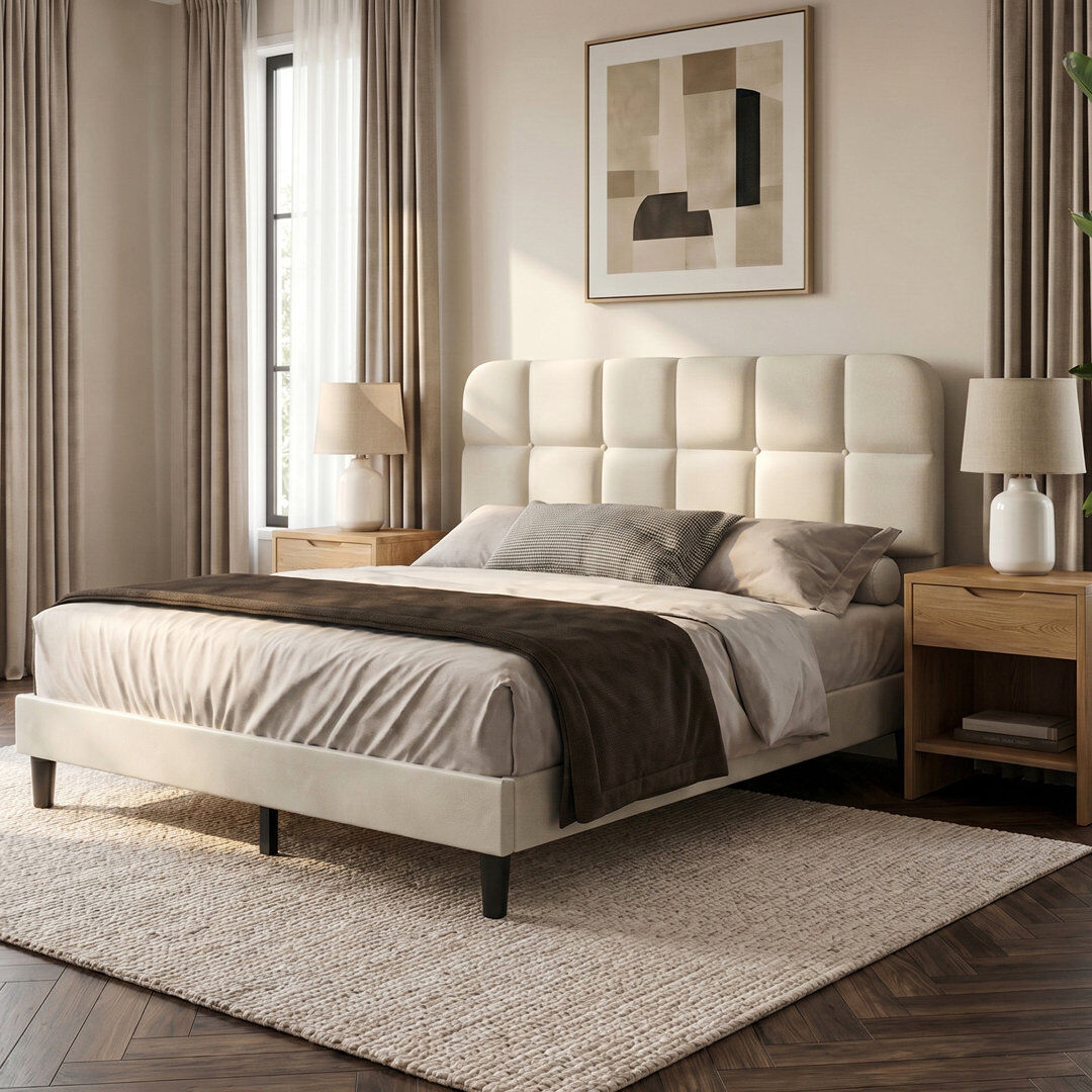 17 Stories Upholstered Platform Bed Frame with Soft Cloud Headboard Beige Kingsize (5')