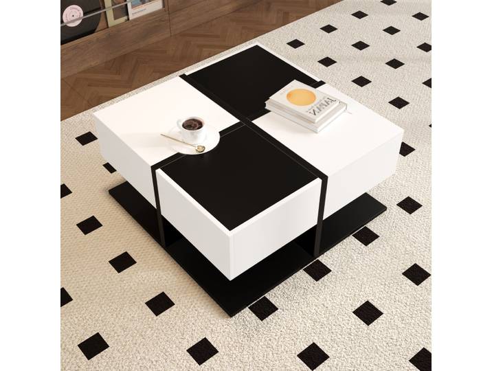 Table basse moderne noir blanc 70 × 70 × 35,5 avec 2 tiroirs, table de salon carrée avec espace de rangement, table basse brillante